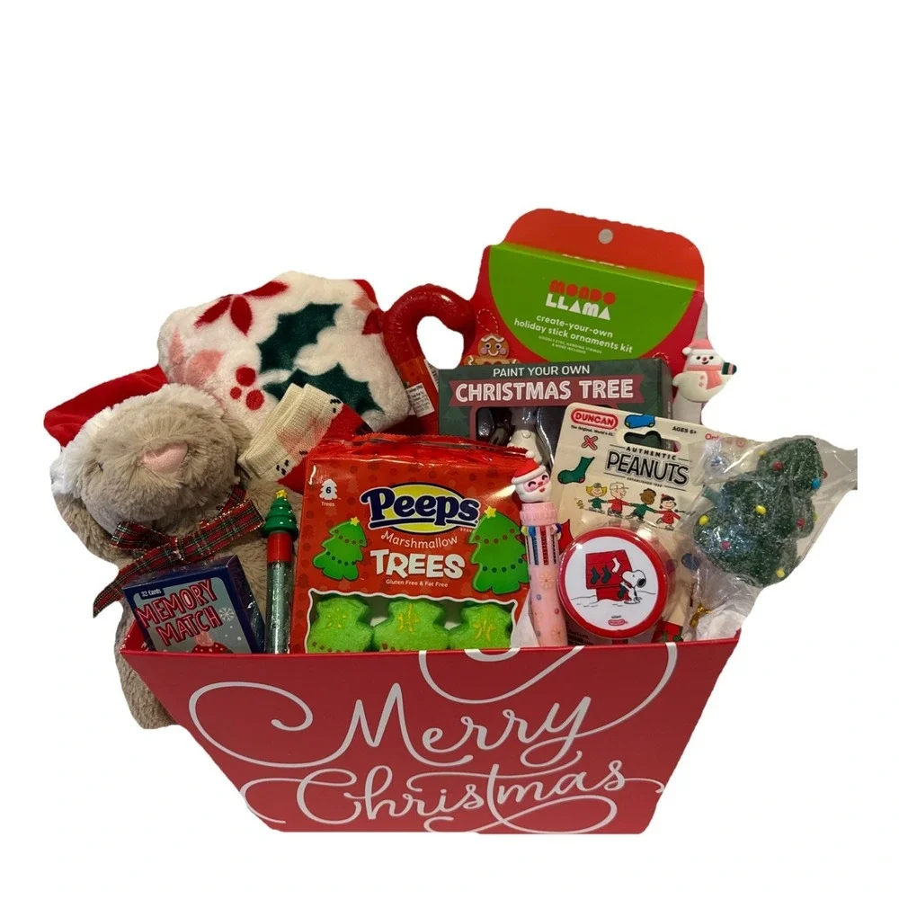 Kids Christmas Gift Basket Teddy Bear Blanket Crafts Candy Toy Holiday Present